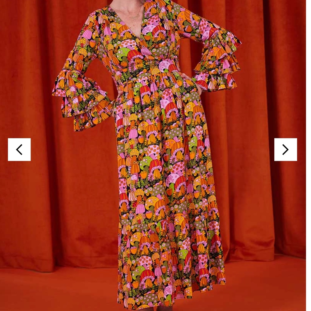Dawn O'Porter x Joanie Sangria Mushroom Print Ruffle Midaxi Dress NWT, size 6/8